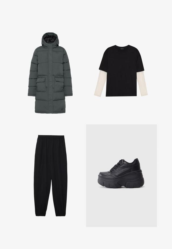 Tamsiai pilkas pūkinis paltas su kapišonu, su siuvinėtu raštu, dviem priekinėmis kišenėmis ir užtrauktuku. Lygus paviršius ir lengvas izoliavimas.; Juodas medvilninis marškinėliai su trumpomis rankovėmis, virš baltos ilgo rankovio sluoksnio, turinčio subtilų tekstūrinį raštą. Apvalus iškirpimas.; Juodi, lengvi kelnių su elastinga juosmens juosta ir surinktais kulkšniais. Audinys yra lygus ir turi atsipalaidavusį, siaurėjantį dizainą.; Juodi lakuoti sportbačiai su masyviu padu, turintys sklandų odinį viršų, suapvalintą pirštą ir išskirtinį sluoksniuotą platformos dizainą.