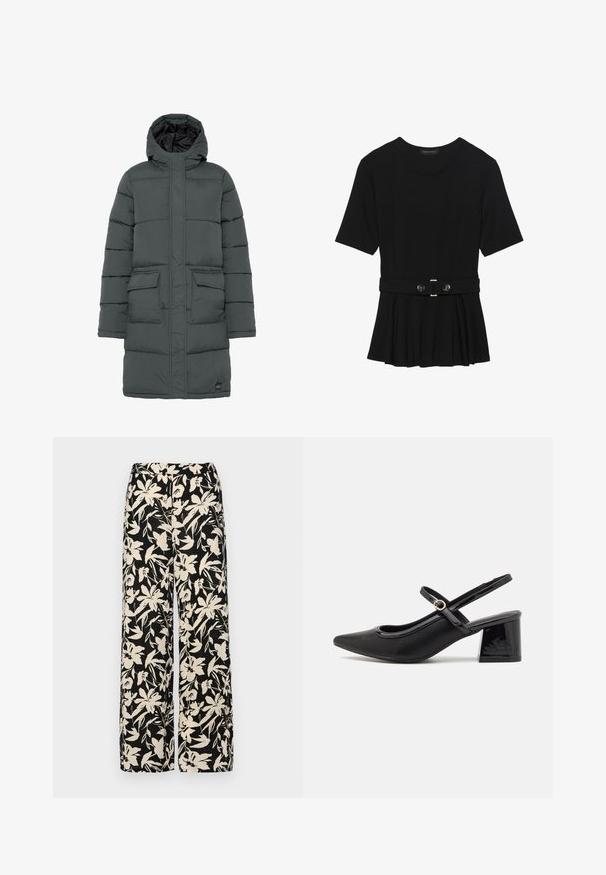 Mørk grå pufferjakke med hette, med en quiltet design, to frontlommer og glidelås. Glatt tekstur og lett isolasjon.; Svart kortermet topp laget av glatt materiale, med en peplum-design og en belted midje med to runde knapper i sølvfarge.; Sorte vide bukser med et cremet blomster mønster. Fremstillet af letvægtsstof, med en glat tekstur og en høj talje.; Sorte lakk lær slingback hæler med spiss tå, et avrundet utskjæringsdesign og blokkheel. Har en gulltone spenne som detalj.