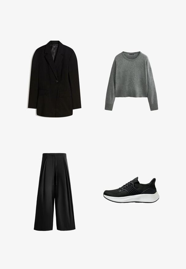 Mustat bleiseri, joka on valmistettu sileästä kankaasta, varustettu yksittäisellä napilla, kahdella etutaskulla ja viilloteteisellä kauluksella.; Harmaa, lyhennetty neulepusero, joka on valmistettu pehmeästä neuleesta. Siinä on pyöreä kaula-aukko ja pitkät hihat, joissa on välikappaleet ja helman ribbikuvio. Ei näkyviä kuvioita.; Mustat leveälahkeiset housut, jotka on valmistettu sileästä kankaasta. Mallissa on naru-vyötärö ja pleat-edessä antamassa lisää rakennetta ja volyymia.; Mustat urheilukengät, joissa on karhea kangaspinta, nauhakiinnitys ja valkoinen välipohja. Ominaisuuksia ovat matala profiili ja kaareva pohjamuotoilu.