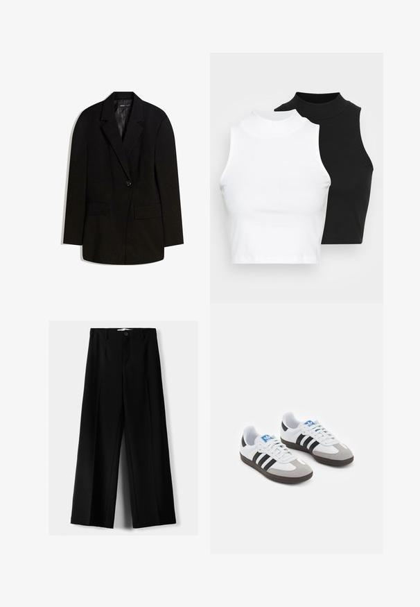 Čierny blejzer vyrobený z hladkej tkaniny, s jedným gombíkom na zapínanie, dvomi prednými vreckami a klopovým designom.; Dve bezrukávové rebrované roláky v čiernej a bielej farbe, pričom majú priliehavý strih a hladkú textúru, s krátkou dĺžkou.; Čierne široké nohavice z ľahkého materiálu, s predným zapínaním na gombík a plochým predným dielom, s pekne ušitými lemami.; Športové topánky s bielym koženým zvrškom, šedou semišovou špičkou a tromi čiernymi pruhmi. Obsahujú modré logo na jazyku a štruktúrovanú gumovú podrážku.