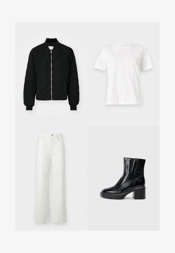 Podložena črna bomber jakna s sprednjim zadrgo, rebrastimi manšetami in ovratnikom, ki se ponaša z teksturiranim rombom in majhnim logotipom.; Bela bombažna majica s kratkimi rokavi, okroglo izrezana in ohlapnega kroja. Gladka tekstura, brez vzorcev ali dodatkov, minimalističen dizajn.; Samsøe Samsøe SHELLY - Široke kavbojke - clear cream; Črne lakirane gležnjarje z ukrivljenim nosom, elastičnimi stranskimi paneli in debelim blokastim peto. Imajo vtisnjen logotip na zadnjem delu.