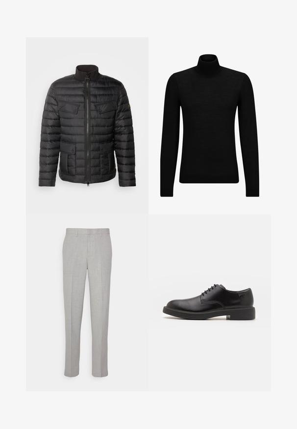 Barbour International ARIEL PUFFER JACKET - Jachetă subțire - black; Pulover negru cu guler înalt, realizat dintr-un material moale, cu mâneci lungi și o croială ajustată. Tiv și mansete cu margine ondulată. Design simplu.; Pantaloni gri deschis cu o textură netedă, față plată și picioare drepte. Realizați dintr-o țesătură respirabilă, cu buzunare interioare și brâie.; Pantofii din piele neagră, cu șireturi, au vârful rotunjit, o textură netedă, cusături minime și un toc de cauciuc scăzut. Logo pe toc.