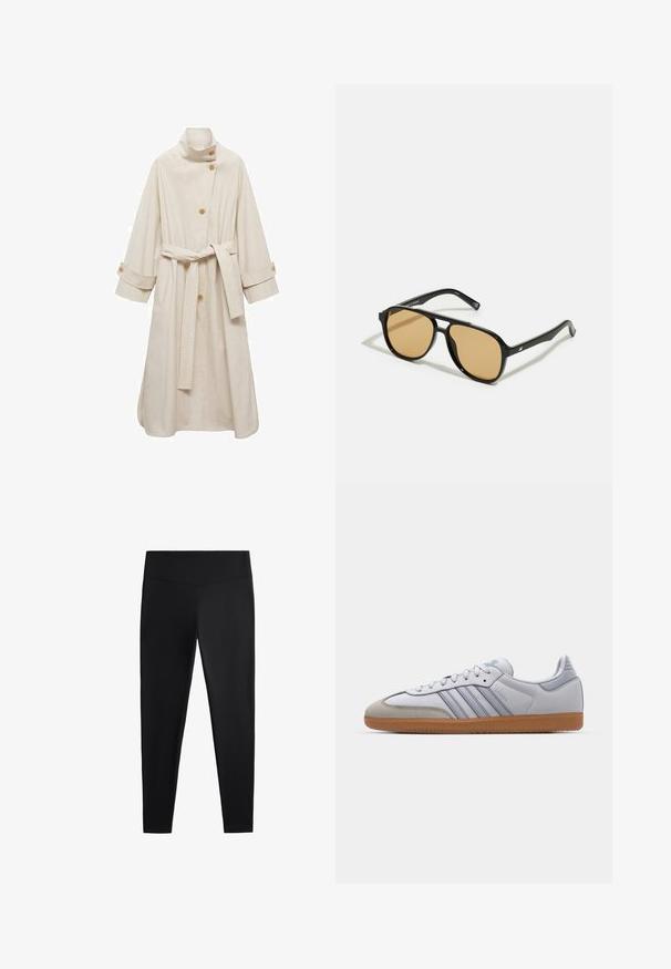 Beige trenchcoat med hög krage, tre knappar, ett självknuten bälte och uppvikta ärmar. Har två sidofickor och ett mjukt, texturerat tyg.; Vit ribbad linne med en svart broderad logotyp centrerad på bröstet. Halsringningen och ärmhålen är avslutade med en subtil kant.; Svarta leggings av ett slätt, stretchigt tyg. Har en bred midja och design med avsmalnande ben, lämpliga för aktiv eller avslappnad användning.; Vita lädersneakers med ljusblå accenter, grå mocka tå och en brun gummisula. Har tre blå ränder och "Samba"-logotyp.; Svarta solglasögon med bruna tonade linser; rektangulär form med en tjock ram, inklusive subtila detaljer av metall vid glasögonbågarna.