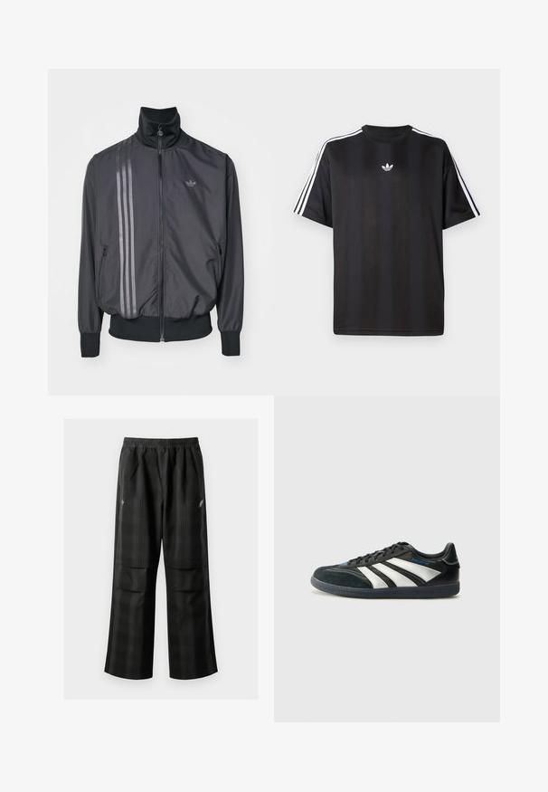 Juodas sportinis švarkas su aukštu apykakle, užtrauktuku ir dviem šoniniais kišenėmis. Papuoštas trimis horizontaliomis juostomis tamsesnėje spalvoje ir logotipu.; Juodas trumpomis rankovėmis marškinėliai su balta trimis juostelėmis ant pečių ir mažai balta logotipo krūtinėje. Lygus audinio tekstūra.; Juodos languotos kelnės su elastingu juosmeniu, dviem priekinėmis kišenėmis ir laisvu tiesiu kirpimu. Pagamintos iš lengvos medžiagos.; adidas Performance PREDATOR FREESTYLE JUDE INDOOR FOOTBALL SHOES - Salės futbolo bateliai - core black/silver-coloured/glory blue