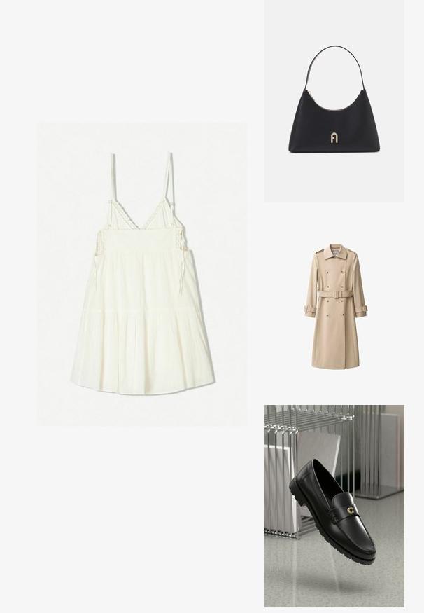 Palton bej cu nasturi dubli, talie cu curea și epauleți pe umeri. Mâneci lungi cu manșete ajustabile, țesătură netedă.; Rochie albă, fără mâneci, cu baretă ajustabilă, dintr-un material texturat și volane în straturi la tiv. Accente de croșetă detaliate la decolteu.; Loafers din piele neagră cu o cusătură ridicată, logo de accent auriu și curea texturată. Au o talpă din cauciuc groasă și durabilă.; Geantă din piele neagră cu o formă curbată, mânere scurte, accesorii aurii și un fermoar superior. Include un accent cu logo în față.