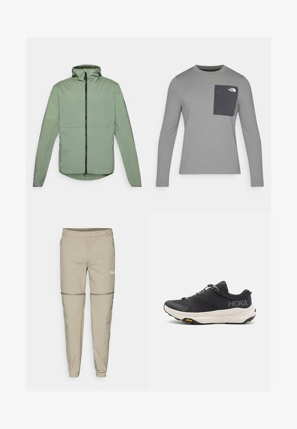 Vaaleanvihreä huppari, jossa on edessä vetoketju, pitkät hihat ja pyöristetty helma. Valmistettu sileästä, kevyestä materiaalista.; Harmaa pitkähihaisuus paita, jossa on teksturoitu kangas, tummanharmaalla rintataskulla ja vetoketjukiinnityksellä. Taskussa valkoinen logo.; Vaatteet ulkona, beige väri, vetskari poistettavissa, kapea malli, pehmeä tekstuuri, sivuilla vetskari-taskut ja hienovarainen logo vasemmalla reidellä.; Musta urheilujalkine, jossa on teksturoitu päällinen, harmaita yksityiskohtia, heijastavia elementtejä sekä paksu valkoinen pohja, jossa on Vibram-logo.