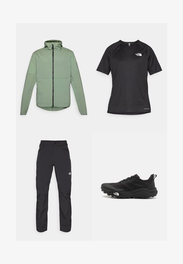 Veste à capuche vert clair avec une fermeture éclair à l'avant, des manches longues et un ourlet arrondi. Fabriquée dans un matériau lisse et léger.; T-shirt de sport noir à manches courtes avec un tissu texturé, arborant un logo blanc sur la poitrine gauche et un ourlet droit.; Pantalons d'extérieur noirs en matière synthétique avec une poche avant zippée, jambes fuselées et panneaux de genoux renforcés. Comprend une fermeture à bouton.; Chaussure de trail running noire avec une tige texturée, semelle en caoutchouc et bout renforcé. Présente un col rembourré et une tirette pour un enfilage facile.