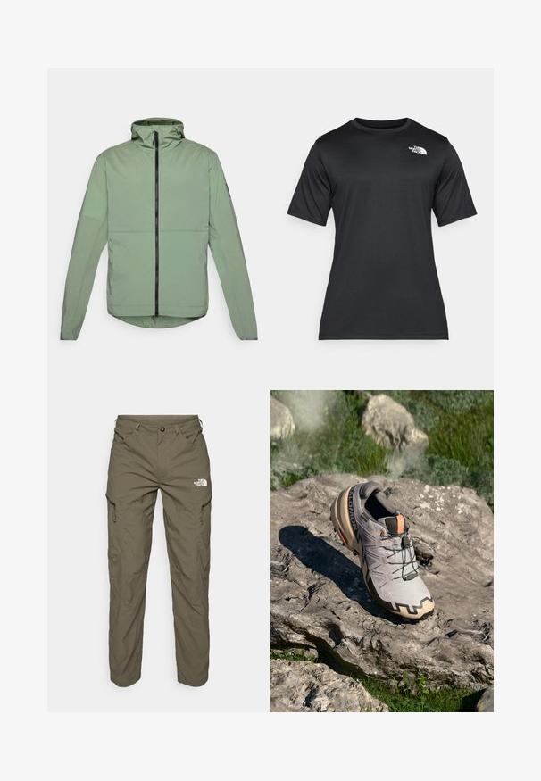 Hele roheline, kapuutsiga jakk, millel on eesneed ja pikad varrukad ning ümar äär. Valmistatud siledast, kergekaalulisest materjalist.; Must räpaseda must t-särk, mis on valmistatud kerge, niiskust eemal hoidvast kangast. Vasakul rinnal on valge logo ja ümar kaelus.; Oliiviroheline välispüksid, mis on valmistatud kergest kangast, lisaks on neil kaubanduslikud taskud, tõmblukkude detailid ja logo reie ülaosas.; Helehallid hallid jooksujalatsid beežide aktsentidega, tekstureeritud pealis, mustad paelad ja väljendunud tugi talla all. Omab brändi logo.