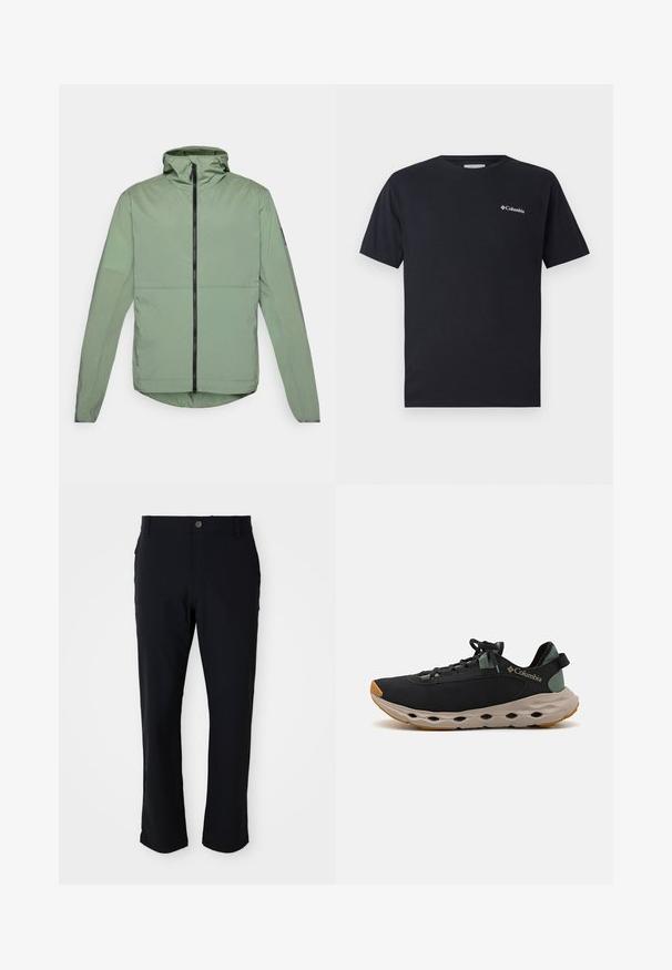 Jachetă verde deschis, cu glugă, cu fermoar frontal, mâneci lungi și un tiv rotunjit. Fabricată dintr-un material neted și ușor.; Tricou negru cu mânecă scurtă din bumbac, având un mic logo alb Columbia pe partea stângă a pieptului. Gât clasic în formă de cerc și croială lejeră.; Pantaloni negri cu închidere prin buton, design drept, textură netedă și buzunare laterale, potriviți pentru o varietate de ocazii.; Pantofi sport Columbia negri, cu un superior respirabil, o talpă intermediară moale gri și o talpă exterioară robustă de culoare bej. Au un design minimalist și șireturi ajustabile.