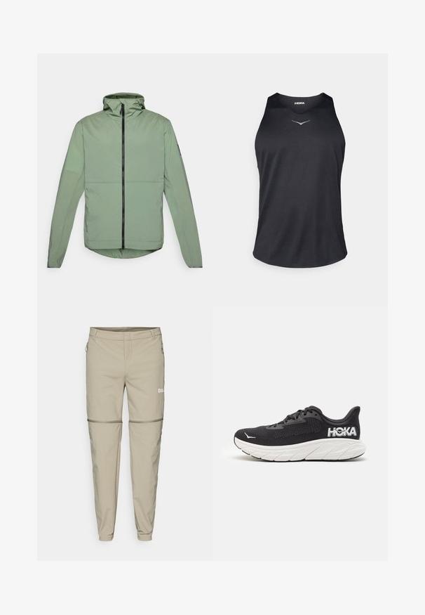Hele roheline, kapuutsiga jakk, millel on eesneed ja pikad varrukad ning ümar äär. Valmistatud siledast, kergekaalulisest materjalist.; Must have mustamata asetoon tipp puur valmistatud hingavast kangast, millel on ümara kaeluse ja peegeldav logo aktsent rinnal.; Bežid välispüksid, millel on lahtivõetav funktsioon, kitsas lõige, pehme tekstuur, külje lukuga taskud ja diskreetne logo vasakul reiel.; Must have jooksvahend musta värvi, millel on tekstuurne pealmine osa, valge vaheosa, silmapaistev logo kandadel ja kumer tallatoetuseks.