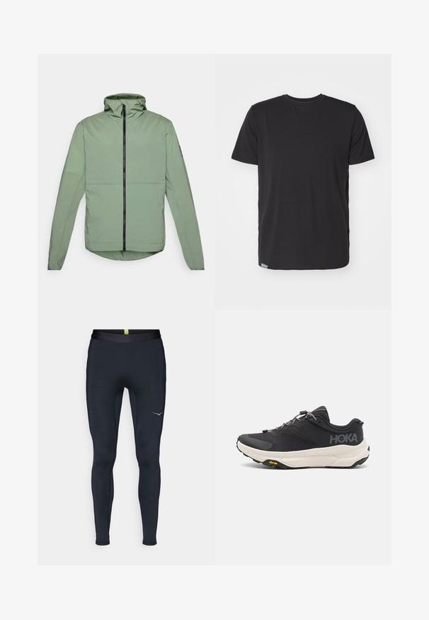 Hele roheline, kapuutsiga jakk, millel on eesneed ja pikad varrukad ning ümar äär. Valmistatud siledast, kergekaalulisest materjalist.; Must must beebi t-särk sileda puuvillase materjaliga, mis on varrukateta, klassikalise ümmarguse kaelusega ja väikese etiketi külje alumises õmbluses.; Tumesinise spordileggingud, mis on valmistatud venivast kangast, sujuva vöökoha, slim fit lõike ja küljes oleva peegeldava logoga.; Mustmustun mustus kingad tekstuurse ülusega, hallide aktsentidega, peegeldavate detailidega ning paksu valge tallaga, millel on Vibram'i bränding.