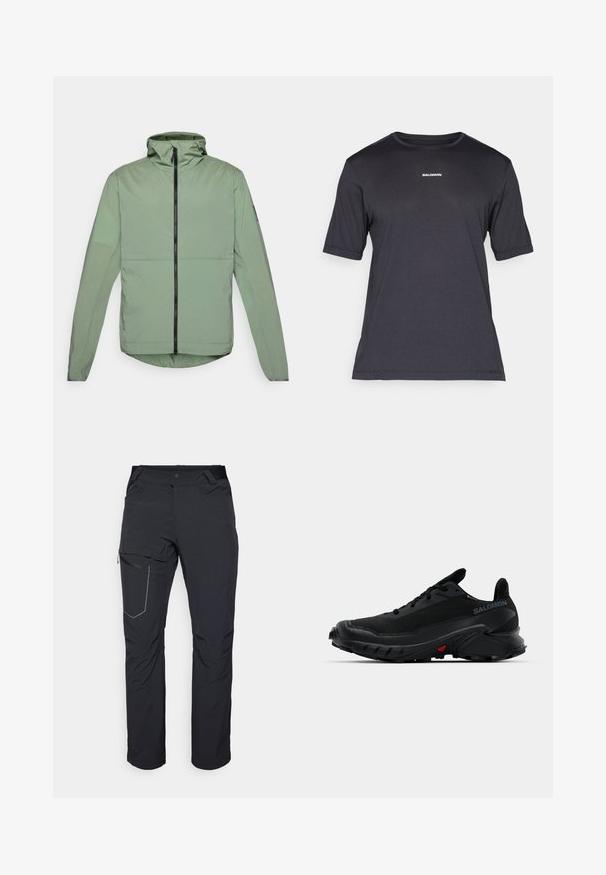 Chaqueta verde claro con capucha, cierre delantero, mangas largas y dobladillo redondeado. Fabricada con un material suave y ligero.; Camiseta de rendimiento de manga corta negra, hecha de tejido transpirable, con cuello redondo y pequeño logo blanco "SALOMON" en el pecho.; Pantalones exteriores negros con un bolsillo en el muslo con cremallera, cintura elástica y tejido liso y resistente al agua. Diseño limpio sin logotipos visibles.; Zapatillas deportivas negras con una parte superior texturizada, punta redondeada y una prominente suela de goma. Presentan un logotipo en el costado y detalles rojos en la suela.