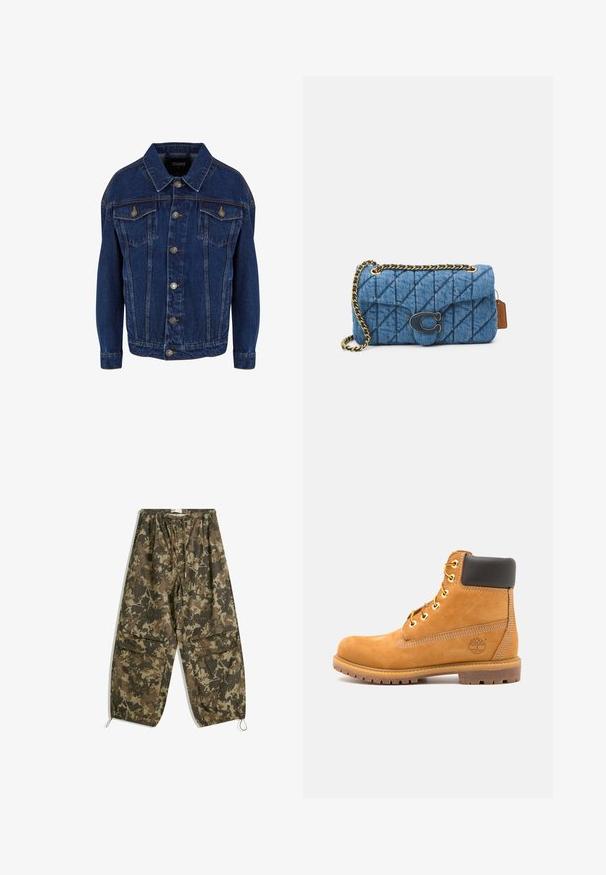 Tamno plavi traper jakna s dugim rukavima, dugmeta sprijeda, dvije džepne preklopne torbe na prsima i kontrastnim šavovima na bijeloj pozadini.; Bela pamučna majica bez rukava s širokim naramenicama, okruglim izrezom i glatkom, rebrastom teksturom. Nema uzoraka ili ukrasa.; Lagane hlače s kamuflažnim uzorkom u nijansama smeđe i zelene boje. Imaju elastičnu liniju struka, kaiš za zatezanje i sužene članke.; Smeđe kožne gležnjače s crnim podstavama, zlatnim umetkom i teksturiranim potplatom. Imaju kružni logo sa strane i šavove kao naglaske.; Plava ispunjena torba od denima s remenom od zlatnog lanca i istaknutim zlatnim logotipom sprijeda. Kompaktni pravokutni oblik.
