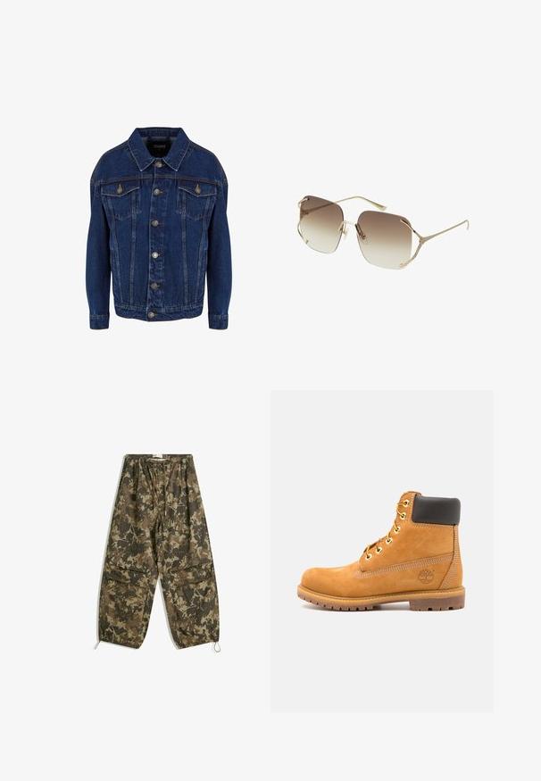 Tmavomodrá riflová bunda s dlhými rukávmi, gombíkovým zapínaním, dvoma náprsními vreckami so klopou a kontrastným šitím na bielom pozadí.; Biele bavlnené tielko s širokými ramienkami, okrúhlym výstrihom a hladkou, rebrovanou textúrou. Bez vzorov alebo akcentov.; Bavlnené nohavice s kamuflážovým vzorom v odtieňoch hnedej a zelenej. Majú elastický pás, šnúrku na stiahnutie a zúžené členky.; Hnedé kožené členkové topánky s čiernym polstrovaním, zlatými očkami a štruktúrovanou podrážkou. Obsahujú kruhové logo na boku a akcenty v podobe šitia.; Zlaté slnečné okuliare s veľkými štvorcovými gradientnými sklami, prechádzajúcimi z tmavej hnedej do svetlej hnedej, s tenkými ramenami a jemným detailom.