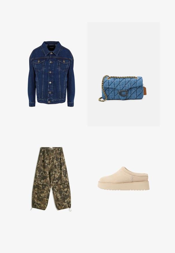 Temno modra denim jakna z dolgimi rokavi, gumbnim zapiranjem, dvema žepoma s poklopcem na prsih in kontrastnim šivanjem na belem ozadju.; Bela bombažna majica brez rokavov z širokimi naramnicami, okroglo ovratnico in gladko, rebrasto teksturo. Brez vzorcev ali dodatkov.; Hlače z vojaškim vzorcem, lahke, v odtenkih rjave in zelene. Imajo elastičen pas, vrvico in zategnjene gležnje.; Bež semiš čevlji na zdrs z zaobljenim nosom in debelim, teksturiranim podplatom. Imajo minimalno šivanje in mehak dizajn.; Modra prešita denim torba za ramo z zlatim verigo in izrazitim zlatim logotipom na sprednji strani. Kompaktna pravokotna oblika.