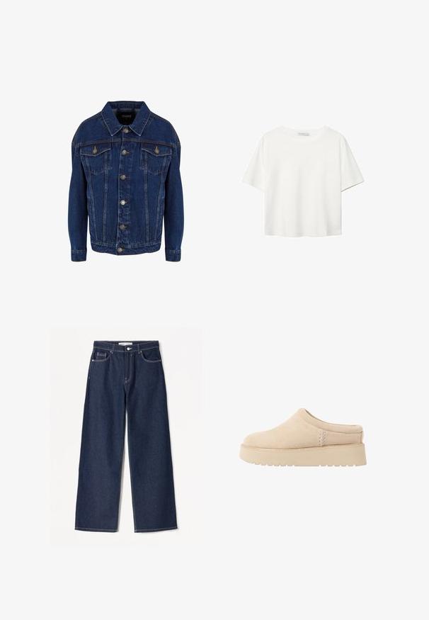 Tmavě modrá džínová bunda s dlouhými rukávy, zapínáním na knoflíky, dvěma náprsními kapsami s klopou a kontrastním prošíváním na bílém pozadí.; Bílý krátký rukáv tričko vyrobené z bavlny. Má kulatý výstřih a volný střih. Hladký materiál bez viditelných vzorů nebo akcentů.; Tmavě modré džíny širokého střihu z denimu s bílým prošíváním, mají dvě přední kapsy a klasické zapínání na knoflíky.; Krémové semišové boty na klínku s kulatou špičkou a silnou, texturovanou podrážkou. Vyznačují se minimálním šitím a měkkým designem.