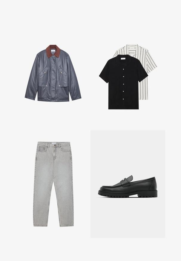 Pilkas nepralaidus vandeniui švarkas su rudais švelniais šonkauliais, turintis dvi priekinės kišenes ir mygtukų užtraukimą. Lygus paviršius ir atsipalaidavęs siluetas.; Du šortais rankovėmis marškiniai: vieni visiškai juodi, kiti balti su juodomis vertikaliomis juostelėmis. Abu turi mygtukų užsegimus ir klasikinį apykaklę.; Šviesiai pilki džinsai su tiesiu kirpimu, penkiais kišenėmis ir mygtuko uždarymu. Matoma siuvimo linija palei siūles.; Juodi odiniai loaferiai su apvalia nosimi, su siuvinėtu dizainu, žemu platformos padu ir tekstūruotu, sukibimo raštu padu.
