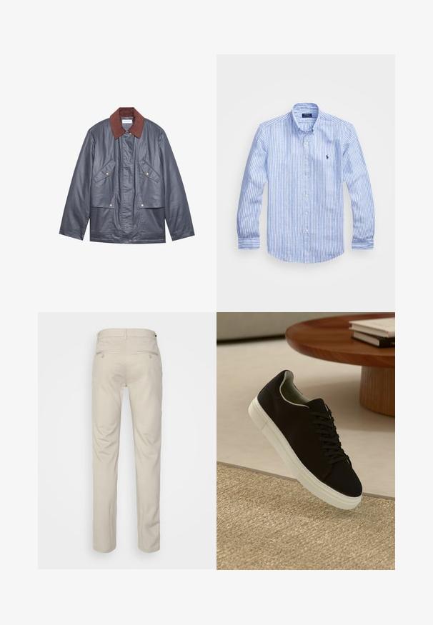 Graue wasserfeste Jacke mit einem braunen Cordkragen, ausgestattet mit zwei Fronttaschen und einer Knopfleiste. Glatte Textur und lässige Passform.; Blau-weißer gestreifter Langarmshirt aus Baumwolle mit einem Button-Down-Kragen, Frontknöpfen und einem kleinen gestickten Logo auf der Brust.; Beige Hosen mit glatter Textur, geradem Schnitt, zwei Gesäßtaschen mit Knöpfen und einem normalen Bund.; Schwarze Sneakers mit weißer Sohle, die über einem beige strukturierten Teppich schweben, in der Nähe eines runden Holztisches mit gestapelten Büchern.