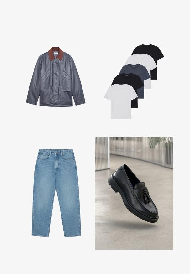 Graue wasserfeste Jacke mit einem braunen Cordkragen, ausgestattet mit zwei Fronttaschen und einer Knopfleiste. Glatte Textur und lässige Passform.; Set aus fünf T-Shirts in Schwarz, Weiß und Marineblau. Baumwollstoff, kurze Ärmel, Rundhalsausschnitt und schlichte Textur ohne Muster.; Hellblaue Jeans aus Denim mit geradem Bein, Fünf-Taschen-Design und leicht verwaschener Textur. Mit Knopf- und Reißverschluss ausgestattet.; Schwarze Leder-Loafer mit glatter Oberfläche, dekorativem Quasten, dicker Gummisohle und abgesteppten Akzenten. Leichtes und schlankes Design.