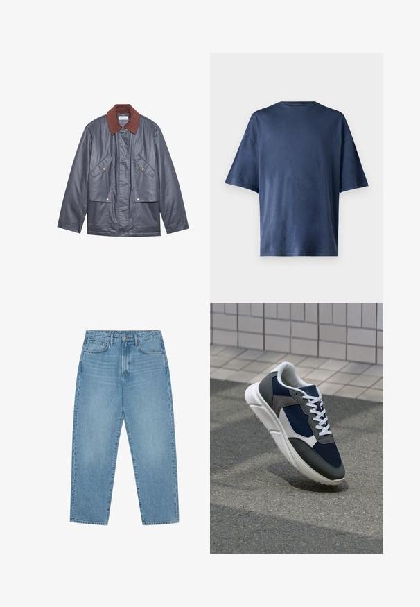 Grijze waterdichte jas met een bruine corduroy kraag, voorzien van twee voorkoffers en een knoopsluiting. Zachte textuur en ontspannen pasvorm.; Marineblauwe T-shirt met korte mouwen, gemaakt van zachte stof, heeft een klassieke ronde hals en een relaxed fit, zonder zichtbare patronen of accenten.; Lichtblauwe denim wijde jeans met een hoge taille, voorzien van vijf zakken, riemlusjes en een zachte, licht vervaagde textuur.; Sneaker met een marineblauwe mesh bovenwerk, grijze suède accenten, witte rubberen zool en platte witte veters, ontworpen voor comfort en ademend vermogen.