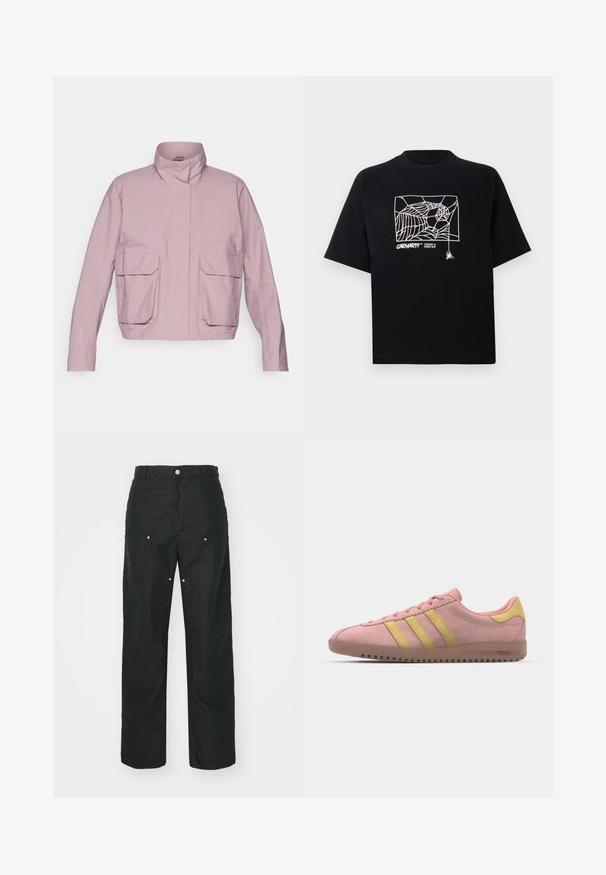 Chaqueta exterior de color rosa claro con cuello alto, dos grandes bolsillos frontales y mangas largas. Textura suave con detalles de costura visibles.; Camiseta negra de algodón con mangas cortas. Presenta un gráfico de telaraña blanca y un logo en la parte frontal. Cuello redondeado simple.; Pantalones negros con un diseño de pierna recta, hechos de una tela texturizada. Presentan adornos de metal plateado decorativos y un diseño de costura único.; Zapatilla de ante rosa con tres franjas amarillas, puntera redondeada y suela de goma texturizada. Diseño de perfil bajo con un collar acolchado.