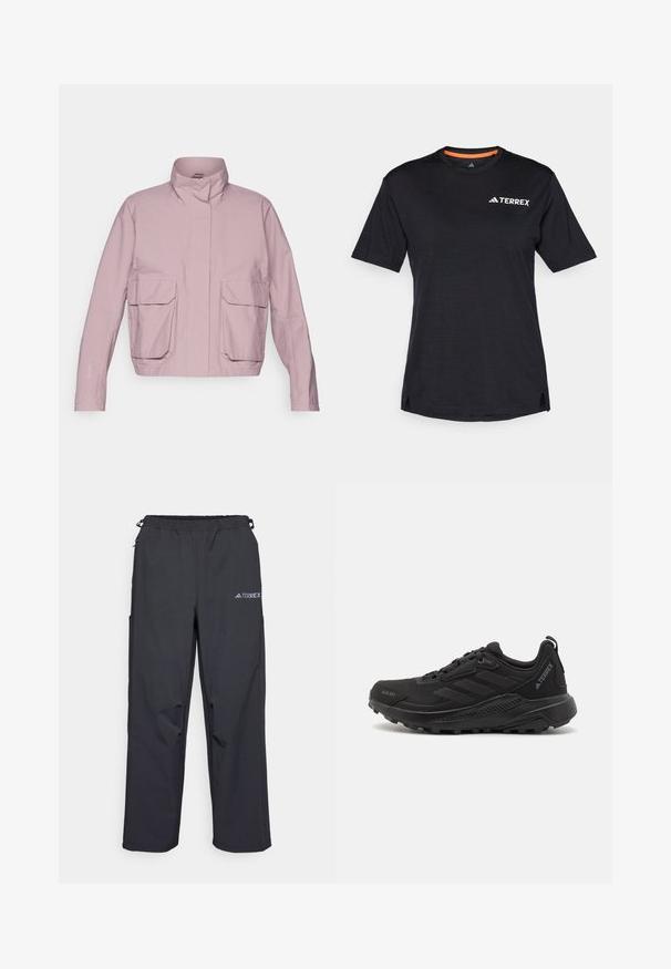Veste d'extérieur rose clair avec col haut, deux grandes poches avant et manches longues. Texture lisse avec des détails de couture visibles.; T-shirt noir à manches courtes avec col rond, présentant une texture chinée subtile et un logo "TERREX" blanc sur le côté supérieur gauche.; Pantalons d'extérieur noirs, légers, avec une taille élastique, des poches latérales et un logo sur la jambe droite supérieure. Tissu lisse et résistant à l'eau.; Chaussures de sport noires avec une tige synthétique texturée, système de laçage, semelle en caoutchouc épaisse et accents de logo discrets sur le côté et le talon.