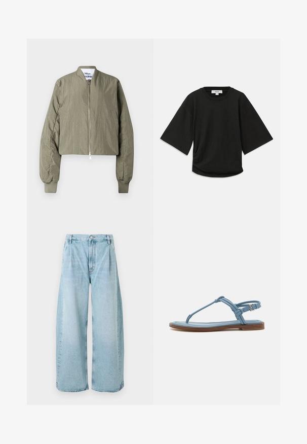 Maslinasto zelena skraćena bomber jakna, sa zatvaračem, rebrastim manžetama i glatkom, lagano teksturiranom tkaninom. Jednostavan dizajn bez uzoraka.; Crna kratka majica s kratkim rukavima, izrađena od mekog pamuka, s okruglim izrezom i opuštenim krojem te suptilnim nabiranjem sa strane.; Svijetloplave široke traperice s plisama sprijeda, zatvaranjem na gumb i ravnim rubovima, s izblijedjelom teksturom po cijeloj dužini.; Plave kožne japanke s ravnim potplatom, koje imaju tanak dizajn trakica i kopčanje oko gležnja za sigurno prianjanje.