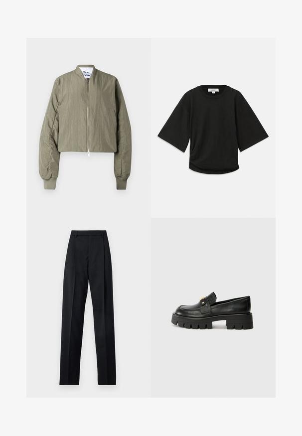 Olive green cropped bomber jacket, featuring a zip closure, ribbed cuffs, and a smooth, lightly textured fabric. Simple design with no patterns.; Black short-sleeve t-shirt made of soft cotton, featuring a round neckline and a relaxed fit with a subtle gathered detail at the side.; Black trousers made from smooth fabric featuring a high waist, wide legs, front pleats, and classic belt loops. No side pockets visible.; Black leather loafers with a chunky sole, featuring a gold-tone accent on the front and a smooth finish. Chunky tread design on the sole.