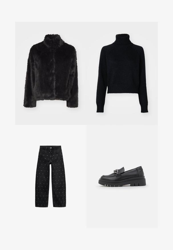 Vero Moda VMMONROE SHORT JACKET - Giacca invernale - black; Maglione scuro a collo alto con design cropped, dotato di polsini e orlo a coste, e una trama testurizzata in tutto il capo.; Jeans a gamba larga in denim nero con un motivo di piccoli occhielli in argento, dotati di un classico design a cinque tasche e chiusura con bottone.; Scarpa tipo mocassino nera con suola a pianta spessa, tomaia in pelle liscia, dettaglio decorativo a catena e tacco leggero con particolare incavo.