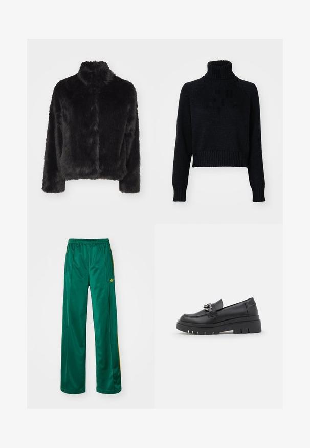 Vero Moda VMMONROE SHORT JACKET - Jachetă de iarnă - black; Pulover cu guler înalt tricotat, de culoare închisă, cu un design scurt, având manșete și tiv cu nervuri, precum și o țesătură texturată pe întreaga suprafață.; Pantaloni atletici verzi din satinat, cu o croială lejeră, având accente de dungi galbene și un logo brodat pe partea stângă. Talie elastică.; Pantof black de tip loafer cu talpă chunky, gâtul din piele netedă, accent decorativ din lanț și toc ușor înclinat cu detaliu zimțat.