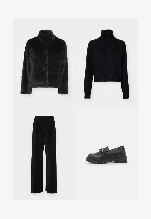 Vero Moda VMMONROE SHORT JACKET - Casaco de inverno - black; Suéter de gola alta tricotado escuro com design cropped, apresentando punhos e bainha com nervuras, e uma trama texturizada por todo o seu comprimento.; Calças pregueadas pretas com uma cintura elástica. Apresentam pernas largas e um tecido liso, texturizado com riscas verticais.; Shoe preto estilo loafer com sola de plataforma robusta, parte superior em couro liso, detalhe decorativo em corrente e um leve salto com detalhe escavado.