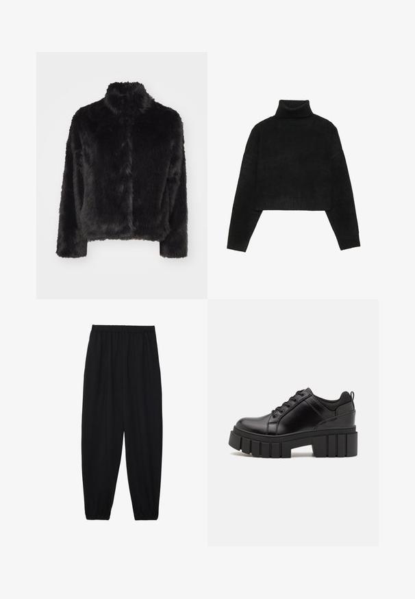 Vero Moda VMMONROE SHORT JACKET - Zimska jakna - black; Crni skraćeni pulover s rebrastim rolkom i manžetama, s glatkom teksturom i opuštenim krojem. Jednostavan, minimalistički dizajn.; Crne, lagane hlače s elastičnom stražnjom pasicom i naboranim gležnjevima. Tkanina je glatka i ima opušteni, suženi dizajn.; Crne kožne platforme s debelim blok-peta, okruglim prstima i klasičnim dizajnom vezanja. Imaju gladak tekstur i minimalne detalje.