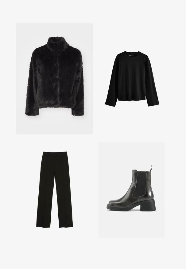 Vero Moda VMMONROE SHORT JACKET - Zimska jakna - black; Črna dolga majica z dolgimi rokavi, izdelana iz mehkega bombaža. Ima okroglo vratno izreza, sproščen kroj in minimalističen dizajn brez vzorcev ali okrasnih elementov.; Črne široke hlače iz gladkega materiala, z oprsnikom in diskretnimi sprednjimi plisami za dodano teksturo.; Črne usnjene gležnjarje z gladko površino, elastičnimi stranskimi paneli in masivnim petami. Imajo praktično zanko za lažje obuvanje.