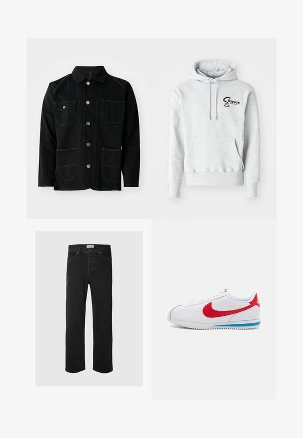 Juodas medvilnės džemperis su klasikiniais atlapais, penkiais priekiniais spaudžiamais mygtukais, dviem didelėm kišenėm, kontrastingomis siūlėmis ir ilgomis rankovėmis.; Pilka kapušinė, pagaminta iš minkštos medžiagos, su priekiu kišenėje, raišteliu reguliuojamu kapišonu ir juodu "Service Works" logotipu kairėje krūtinės pusėje.; Juodos džinsinės tiesaus silueto kelnės turi klasiką penkių kišenių dizainą su mygtukų uždarymu, minimaliais siūlais ir minkšta tekstūra.; Baltas sportinis batelis su raudonais akcentais, turintis lygaus odos viršutinę dalį, apvalų pirštą ir mėlyną padą. Knyginio raištelio dizainas su matomais siuvimo detalėmis.