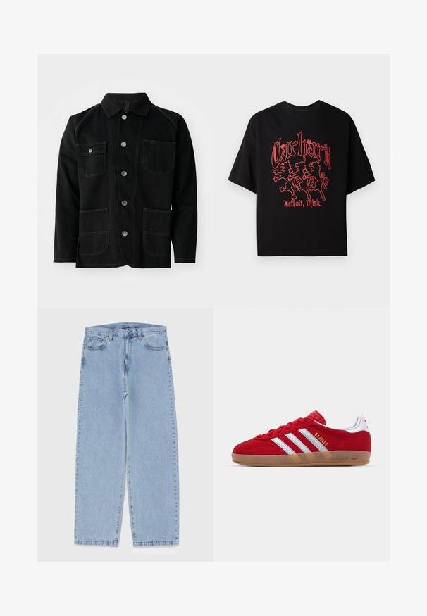 Melnas kokvilnas jakas ar klasisku apkakli, pieciem priekšējiem spiedpogām, diviem lieliem iešuvuma kabatām, kontrastējošām vīlēm un garām piedurknēm.; Melna īsām piedurknēm t-krekls, izgatavots no kokvilnas, ar izteiksmīgu sarkanu grafiku, kurā attēloti trīs lauvas un teksts "Carhartt, Detroit, Mich."; Gai zila džinsu bikses ar taisnu kāju dizainu, kas piedāvā vidēju vidukļa augstumu, piecas kabatas un pogas un rāvējslēdzēja aizdari.; Sarkans zamšs kedas ar baltu triju strīpu dizainu un zelta "Gazelle" tekstu. Iekļauj gumijas zoli un teksturētu papēdi.