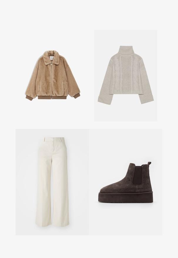 Faux fur-jacka i beige med dragkedja fram, stor krage och ribbade ärmslut och nederkant. Mjuk textur med sidofickor.; Beskurad, ljusgrå stickad tröja med hög krage och ribbade manschetter, med strukturerade kablar som går längs bakstycket och sidorna.; Vidbenade byxor i en ljus beige färg, gjorda av ett slätt tyg. Har en klassisk midja och flat front med rena linjer.; Bruna mockaskinn Chelsea-stövlar med elastiska sidopaneler och en tjock, texturerad platåsål. Har en dragflik vid hälen för enkel påtagning.