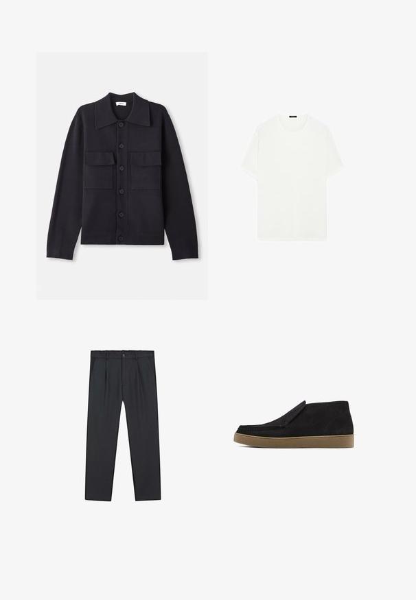 Marinblå stickad cardigan med krage, långa ärmar, två bröstfickor och framknäppning med knappar. Slät textur med en skräddarsydd passform.; Vit kortärmad t-shirt i mjukt tyg. Har en klassisk rund halsringning och rak skärning, utan synliga mönster eller accenter.; Svarta byxor med raka ben i lätt tyg, med knappstängning, veckad fram och sidofickor. Slät textur över hela ytan.; Svart mockaskor med en slip-on-design, rund tå och en tan-gummisula. Har diskret sömnad och en texturerad ovansida.