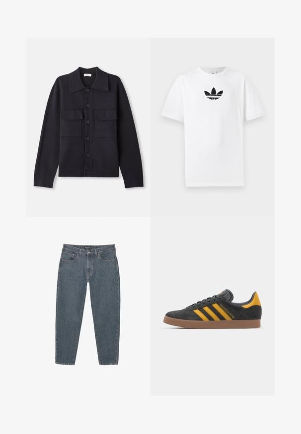 Tengerészkék kötött kardigán gallérral, hosszú ujjakkal, két mellzsebbel és gombos elejével. Simaság jellemzi, testhezálló szabással.; Fehér pamut póló, középen fekete Adidas logóval. Rövid ujjú és kerek nyakú kialakítással. Sima textúra.; Sötétkék farmernadrág, laza szabással, öt zsebbel, gombos záródással és enyhén rojtos szegéllyel. Tartós anyag, finom textúrával.; Fekete velúrbőr sportcipő sárga díszítéssel, három csíkkal és barna gumitalppal. Párnázott nyelvével a kényelem érdekében.