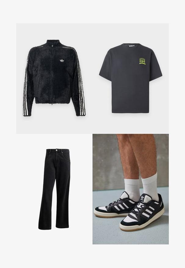 Melna, pūkaina jaka ar augstu apkakli, pilnu rāvējslēdzēju un baltām trīs svītru akcentiem uz piedurknēm. Uz krūts ir neliels logo.; Tumši pelēkā krāsā Adidas T-kreklā ar īsām piedurknēm un mazu neona zaļa grafiku ar skaļruņiem, sauli un Adidas logo kreisajā krūtī.; Melnas džinsu auduma bikses ar taisnu kāju dizainu, kas piedāvā priekšējās kabatas, pogu aizdari un nelielu tekstūru. Iekļauta smalka logotipa detaļa.; Melnas un baltas kedas ar zamša un ādas augšdaļu, kas aprīkotas ar trim baltām svītrām, perforētu purngali un gumijas zolēm.