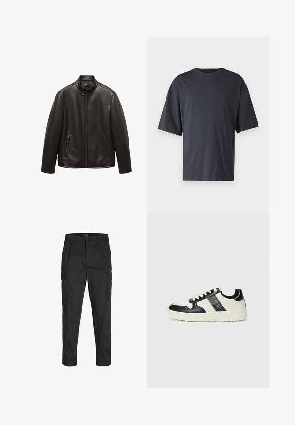Jachetă din piele neagră cu guler înalt, închidere prin fermoar frontal și două buzunare cu fermoar. Textură netedă, croi ajustat și fără modele vizibile.; Tricou scurt din bumbac ușor, de culoare gri închis, cu un croi lejer și guler clasic la baza gâtului, având o textură simplă și fără modele.; Pantaloni cargo negri dintr-un material rezistent, cu multiple buzunare, închidere cu nasture și un design slim fit cu picioare conice.; Tenisi din piele cu un scheme de culori negru și crem, dotati cu accente perforate, guler căptușit și o talpă texturată.