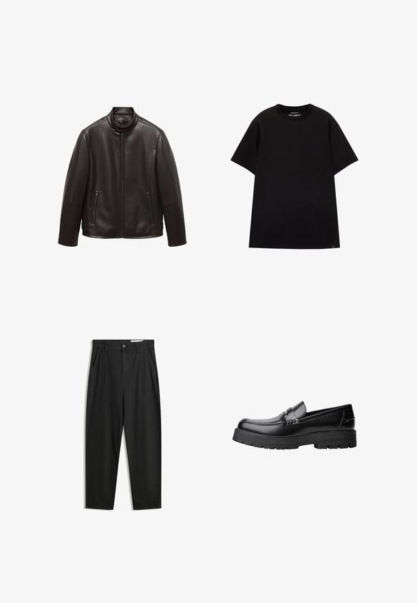 Crna kožna jakna s visokim ovratnikom, prednjim patentnim zatvaračem i dva patentna džepa. Glatka tekstura, kroj prilagođen tijelu i bez vidljivih uzoraka.; PULL&BEAR JOIN LIFE - Osnovna majica kratkih rukava - black; Crne pamučne hlače s opuštenim krojem, s klasičnim pojasom, prednjim nabranjima i bočnim džepovima. Glatka tekstura bez uzoraka.; Crna kožna mokasina s debelim potplatima i dekorativnom trakom preko gornjeg dijela, prikazana u lijevom bočnom profilu na bijeloj pozadini.