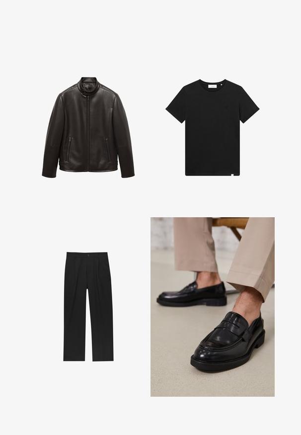 Giubbotto in pelle nera con colletto alto, chiusura frontale con zip e due tasche con zip. Tessuto liscio, vestibilità tailored e senza motivi visibili.; T-shirt nera a maniche corte in cotone, con scollatura rotonda e un piccolo logo ricamato sul petto. Tessuto liscio, vestibilità standard.; Pantaloni neri con un design a gamba dritta, realizzati in un tessuto liscio. Presentano pieghe frontali e una chiusura a un bottone in vita.; Mocassini in pelle nera con finitura liscia, dotati di una cintura decorativa e cuciture a contrasto, abbinati a pantaloni beige.