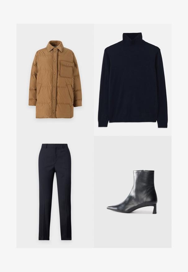 WEEKEND MaxMara CARLOS - Down coat - nocciola; Navy turtleneck sweater with long sleeves, made from soft knit fabric. Features ribbed collar and cuffs, with a simple design and no patterns.; Navy tailored trousers with a straight cut, featuring a smooth texture, two front pockets, and a clean waistband.; Black leather ankle boot with a pointed toe and a sleek design. Features a low heel and a zipper closure at the back. Smooth texture.