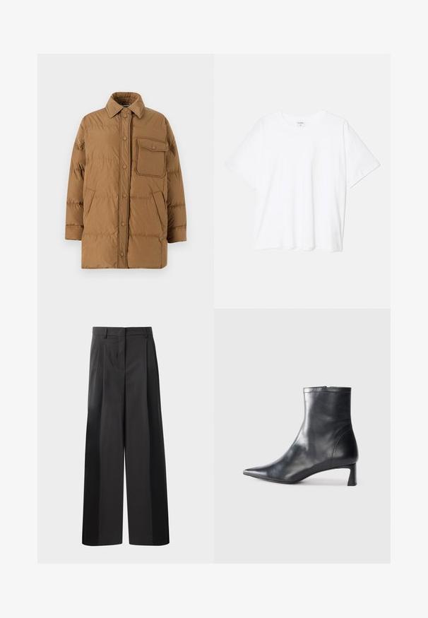 Weekend Max Mara CARLOS - Down coat - nocciola; White cotton t-shirt with short sleeves, round neckline, relaxed fit, and stitched hem. Label visible on the inside neck.; Black wide-leg trousers with a high waist, featuring front pleats, a smooth texture, and a tailored finish. Designed for a relaxed fit.; Black leather ankle boot with a pointed toe and a sleek design. Features a low heel and a zipper closure at the back. Smooth texture.