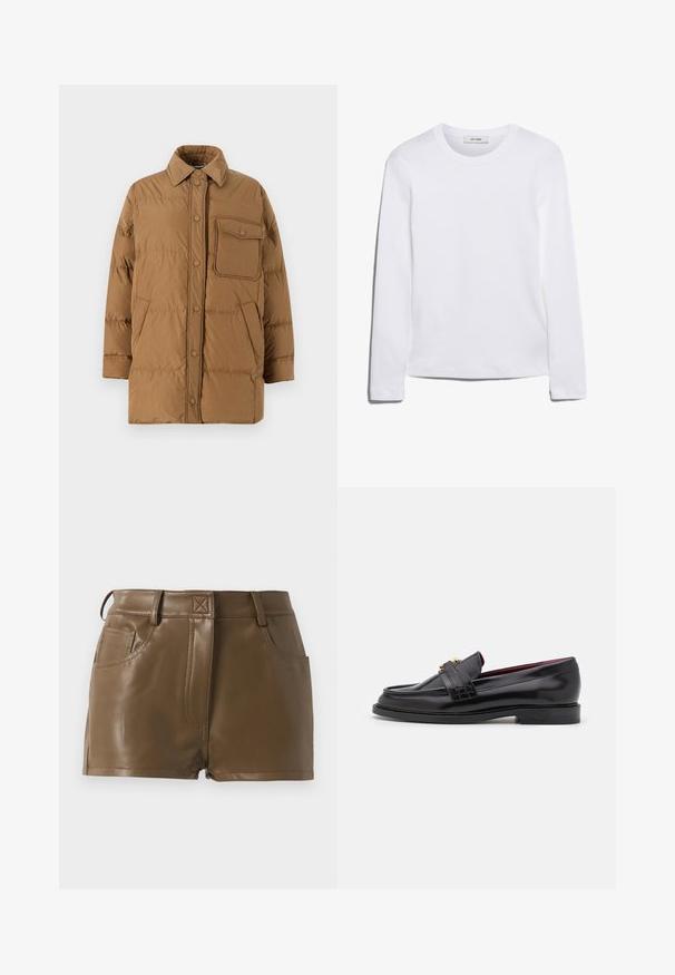 Weekend Max Mara CARLOS - Daunenmantel - nocciola; Langärmliges weißes T-Shirt aus geripptem Baumwollstoff, mit rundem Ausschnitt und geradem Saum. Einfaches Design ohne Muster oder Akzente.; Braune Kunstleder-Shorts mit tailliertem Schnitt, Bund mit Gürtelschlaufen, frontale Taschen und sichtbaren Steppnähten.; Schwarze Lederloafers mit einem gestickten Muster, glatter Textur, goldenen Schnallendetails und einer runden Zehenform, auf einer niedrigen schwarzen Sohle.