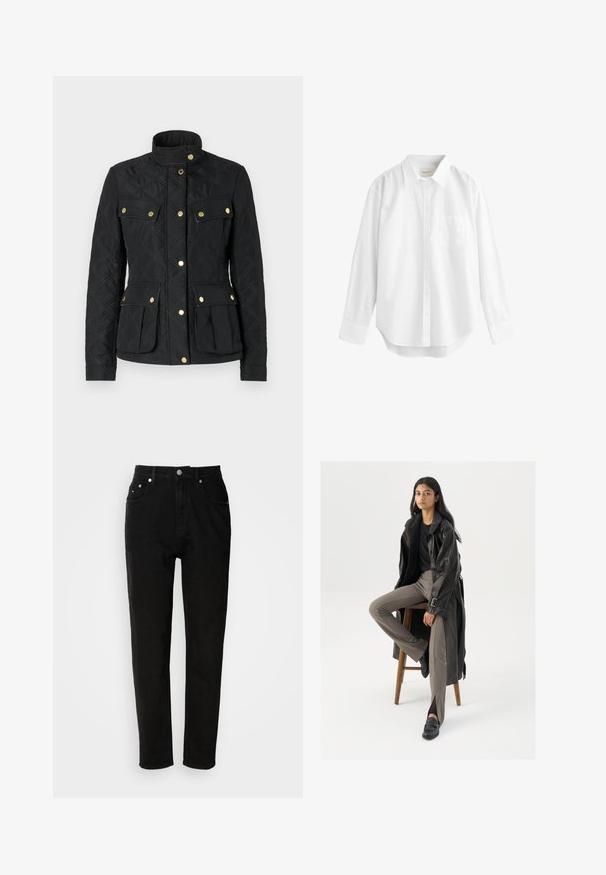 Schwarze gesteppte Jacke mit hohem Kragen, goldenen Druckknöpfen und zwei vorderen Klapptaschen. Verfügt über ein gestepptes Rautenmuster und lange Ärmel.; Weißes Langarmhemd aus Baumwolle mit Kragen zum Button-Down, Taschen auf der Vorderseite und abgerundetem Saum. Glatte Textur und klassisches Design.; Schwarze Denim-Hose mit hoher Taille, geraden Beinen, fünf Taschen und Metallknopfverschluss. Mit dezenter Naht und minimalem Markenaufdruck.; Schwarzer Leder-Trenchcoat mit Knöpfen und Gürtel-Detail, kombiniert mit hellbraunen, taillierten Hosen und schwarzen Slippern, sitzt auf einem Holzschemel.