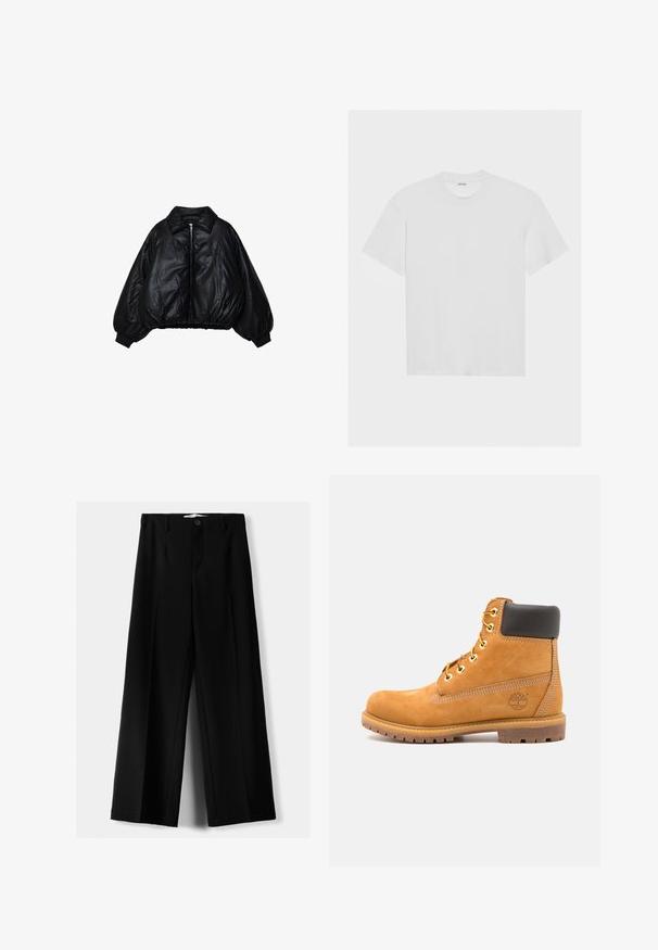 Giacca puffo nera con chiusura frontale a zip, ampio colletto, cintura elastica e polsini a costine. Realizzata in un materiale lucido e trapuntato.; T-shirt bianco in cotone con maniche corte, colletto girocollo e vestibilità comoda. Texture liscia senza motivi o decorazioni visibili.; Pantaloni neri a gamba larga realizzati in tessuto leggero, caratterizzati da una chiusura frontale con bottone e frontale piatto, con orli cuciti con precisione.; Stivale alla caviglia in pelle marrone con imbottitura nera, occhielli dorati e suola texturizzata. Presenta un logo circolare su un lato e dettagli di cucitura.