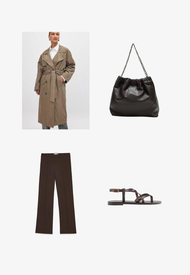 Khaki trench coat s opaskou, dvojradovým zapínaním, veľkými klopami a bočnými vreckami. Vyrobený z hladkej, textúrovej tkaniny.; Hnedé tričko s krátkym rukávom vyrobené z jemného materiálu, s okrúhlym výstrihom a voľným strihom. Žiadne viditeľné vzory ani akcenty.; Hnedé nohavice s širokými nohavicami vyrobené z hladkej tkaniny; obsahujú predné záhyby a štandardný pás. Minimalistický dizajn bez viditeľných zapínaní.; Hnedé kožené sandály s krížovými popruhmi, uzatváraním na pracku okolo členku a plochou podrážkou s minimálnymi ševmi.; Hnedá kožená taška so zberaným vrchom a reťazovým popruhom. Hladký povrch s lesklým finišom a jemným švom po stranách.