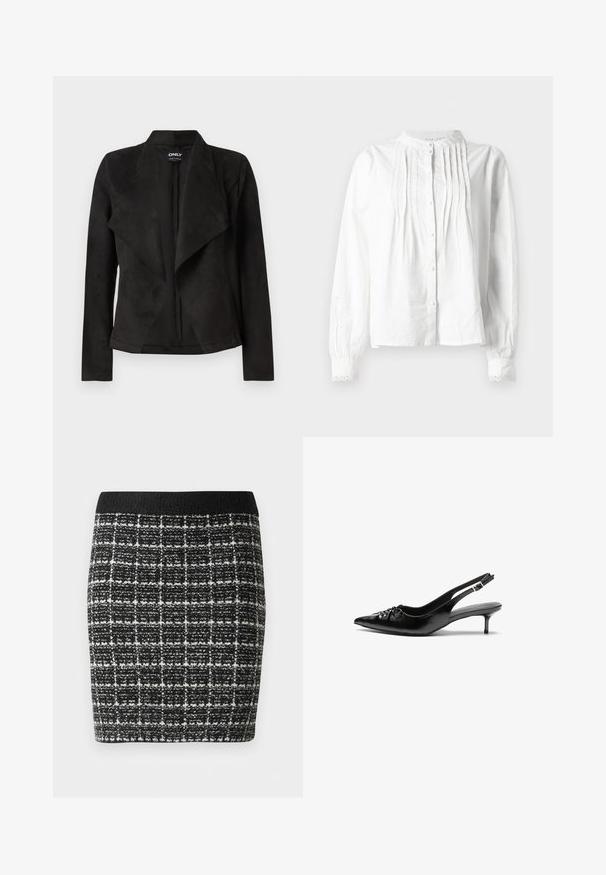 Casaco de camurça sintética negra com um design frontal drapeado. Apresenta mangas longas, sem fechos visíveis, e uma textura suave.; Blusa branca de manga longa com gola alta, pregas verticais na parte da frente, fecho de botão e punhos com rendas.; Saia xadrez em preto e branco com um tecido texturizado, apresentando uma cintura preta e uma silhueta ajustada.; Sapatos de salto alto slingback em couro preto com bico fino, pequeno salto kitten e um detalhe decorativo em forma de nó na parte da frente. Textura suave em toda a parte.