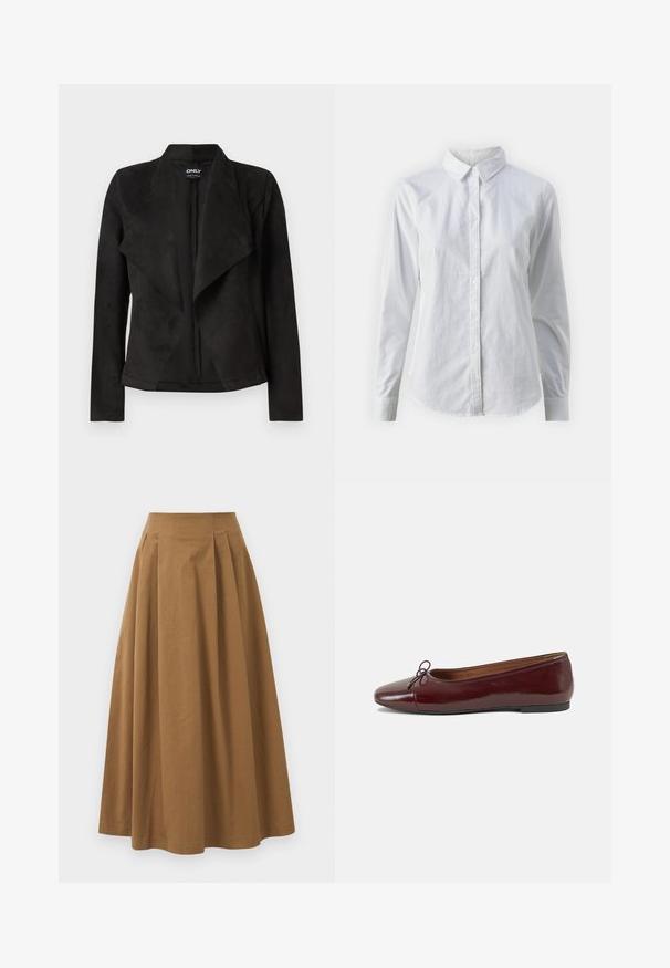 Sort faux suede jakke med et draperet frontdesign. Har lange ærmer, ingen synlige lukninger og en glat overflade.; Hvid skjorte med knapper lavet af glat bomuld, der har en klassisk krave, lange ærmer og en buet kant. Knapperne er små og hvide.; Brun bomulds A-linjeet nederdel med høj talje, præget af læg foran og en glat tekstur. Endeafslutningerne er enkle og rene.; Bordeaux patentlæder balletflad med rund tå, lille sløjfeaccent foran og en lav, sort gummisål. Glat tekstur.